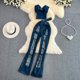 thumbnail image 1 of Traje vaquero de dos piezas para mujer, chaqueta envolvente con cintura media, cintura alta, pantalones cortos de pierna ancha ajustados, 1 of 5