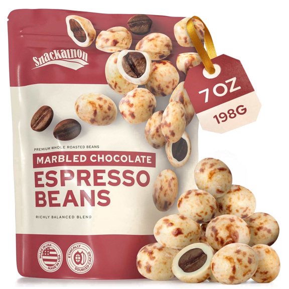 Snackathon Marbled Chocolate Covered Espresso Beans, Dual-Tone Chocolate Gourmet Candy, 7 Ounce