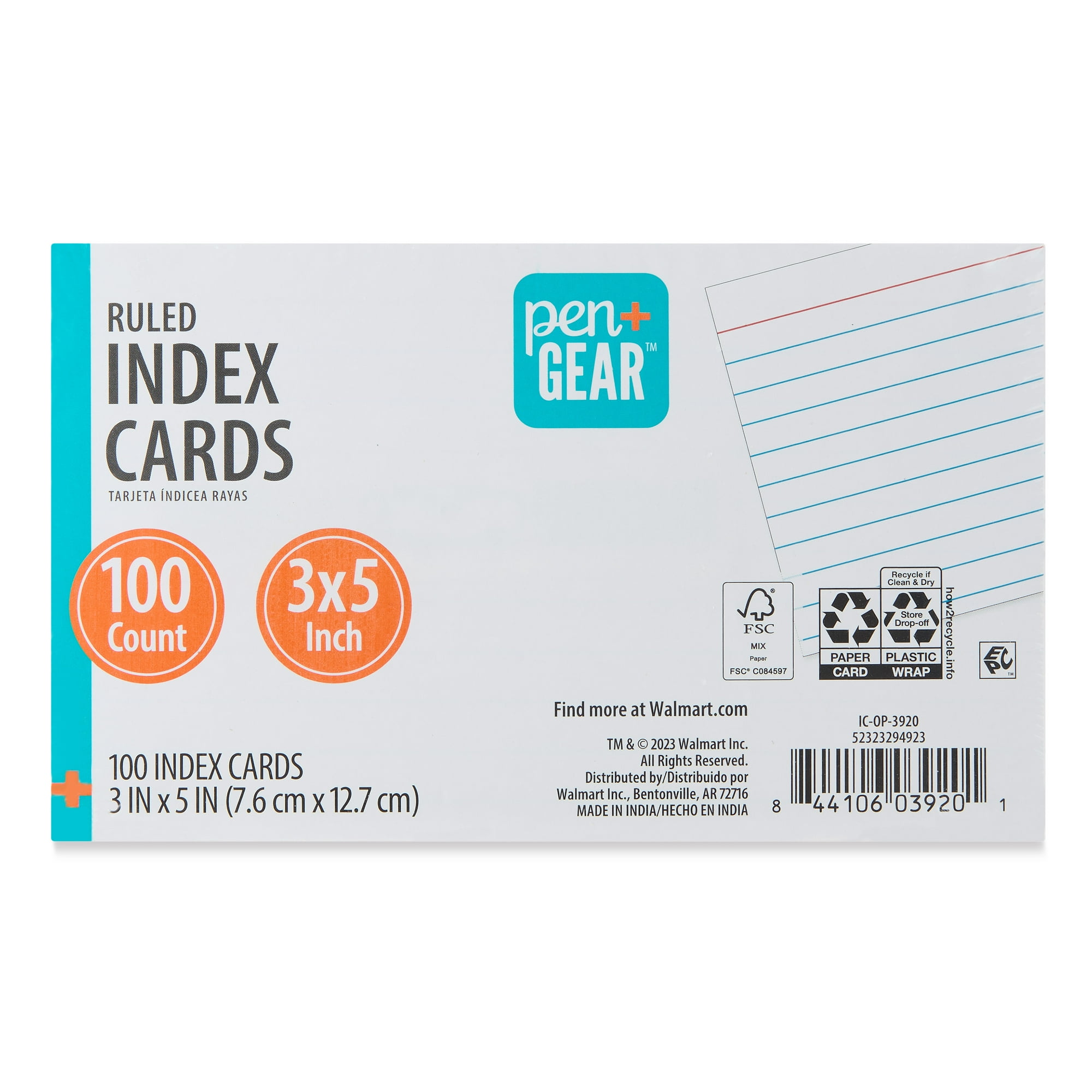 Pen+Gear Ruled Index Cards, 3" x 5", White, 100 Count