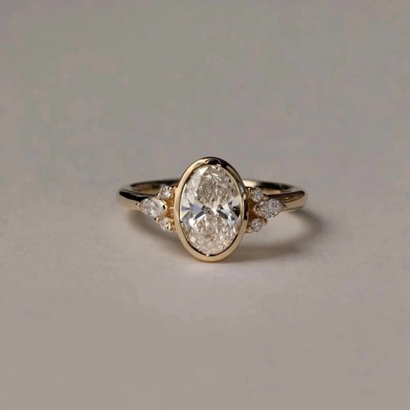 JEWELRYTREASURE Oval Cut Moissanite Engagement Ring Yellow Gold Plated Bezel Set Ring Art Deco Handmade Proposal Jewelry Gift for Her