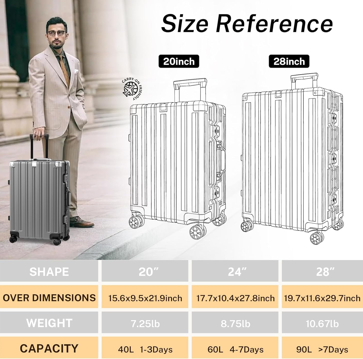 Checked Luggage Aluminum Frame Suitcase with Wheels PC ABS Hardside Zipperless with TSA Lock 24 Inch Gray