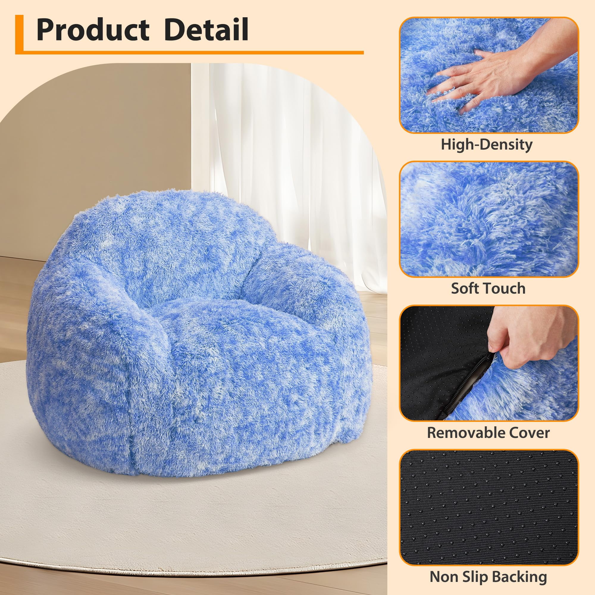 BouPower Bean Bag Chair for Adults, Plush Fluffy Faux Fur Sofa, Premium High-Density Sponge Filler Ergonomic Backrest & Armrests, Removable Washable Cover Comfy Lazy Chair for Bedroom Living Room