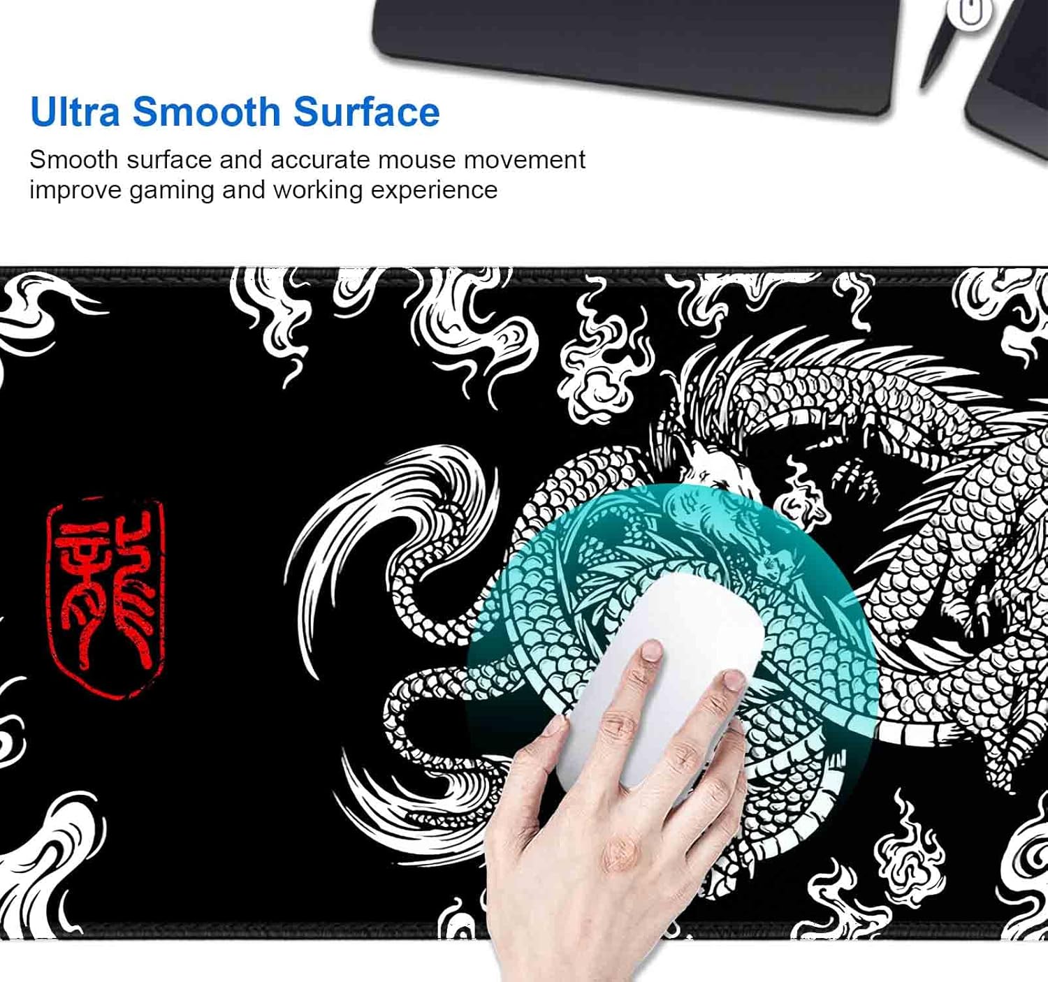 Large Gaming Mouse Pad (35.4x15.7 in), Big Extended Non-Slip Rubber Base Mousepad with Stitched Edges, Keyboard Mouse Mat Desk Pad for Work, Gamer, Office, Computer - Black and White Dragon