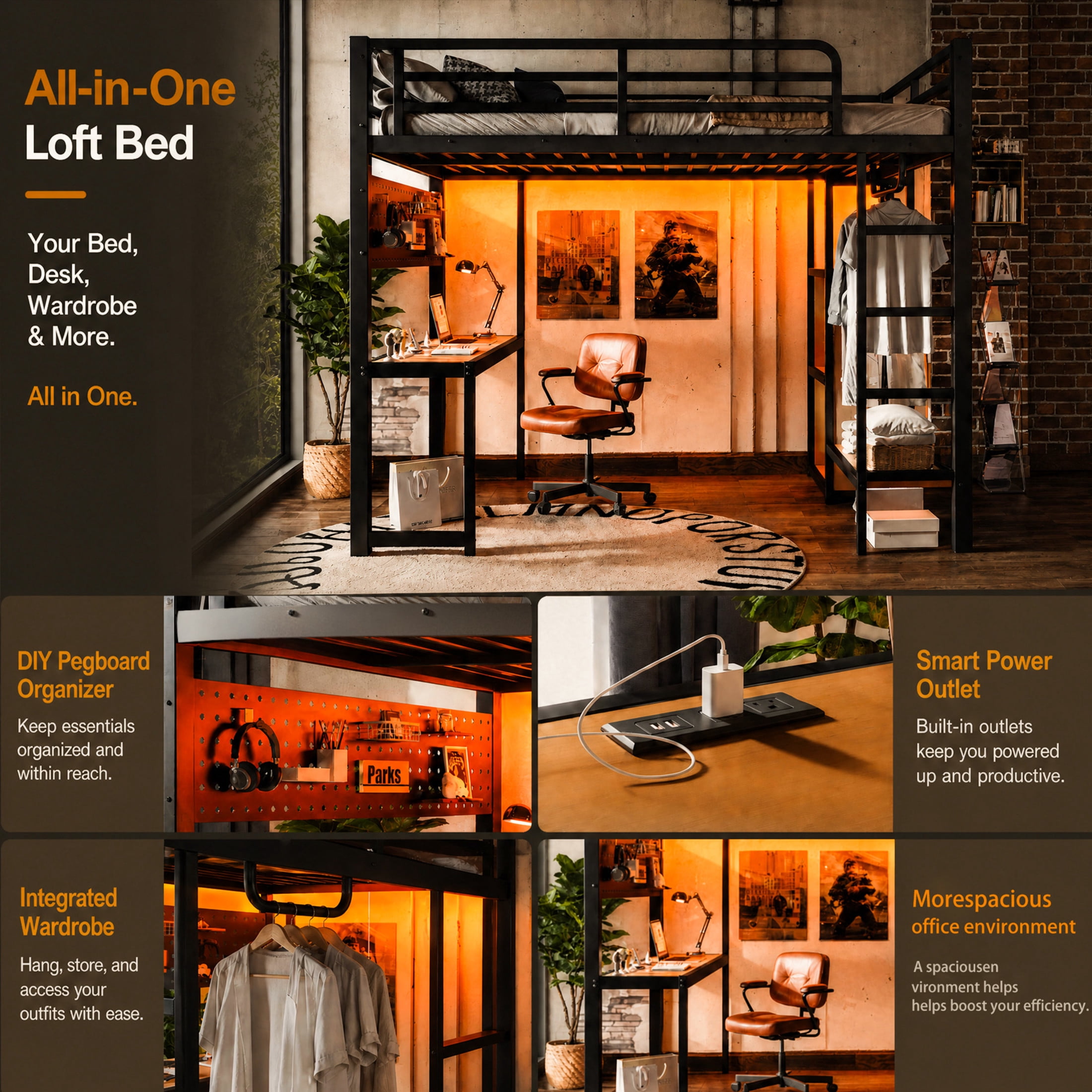 Noble House Full Loft Bed with Desk, Storage Shelves, USB Ports and Lights, Black