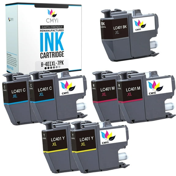 CMYi LC401XL Combo Pack of 7 Ink Cartridges compatible for Brother LC401XL - DCP-J1050DW, J1140DW, J1800DW, MFC-J1010DW, J1012DW, J1170DW, J1800DW (1 Black, 2 Cyan, 2 Magenta, 2 Yellow)