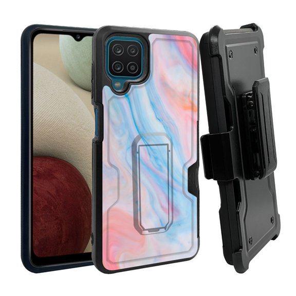 ANJ  Rugged Dual Layer Shockproof Holster Case w/Card Slot, Kickstand   Tempered Glass for Samsung Galaxy A12 - Pastel Marbling