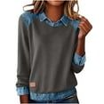 thumbnail image 2 of AUNVITO Women's Solid Color Casual Long Sleeve Notched Collar Denim Patchwork Pullover Sweatshirt Sporty and Comfortable Style, 2 of 9