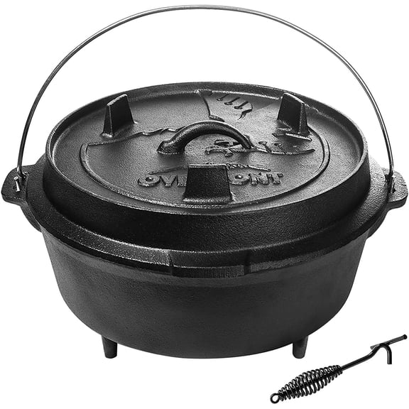 Overmont 9QT Camp Cast Iron Dutch Oven with Lid Lifter, Pre-Seasoned Pot with Skillet Lid, Ideal for Camping, BBQ, Baking & Outdoor Cooking