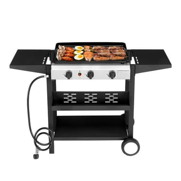 3-Burner Flat Top Gas Griddle Cooking Station with Ceramic Coated Cast Iron Pan, 30,000 BTU Propane Fuelled Griddle Station with Side Shelves & Spice Rack for Outdoor Barbecue Backyard Cookout