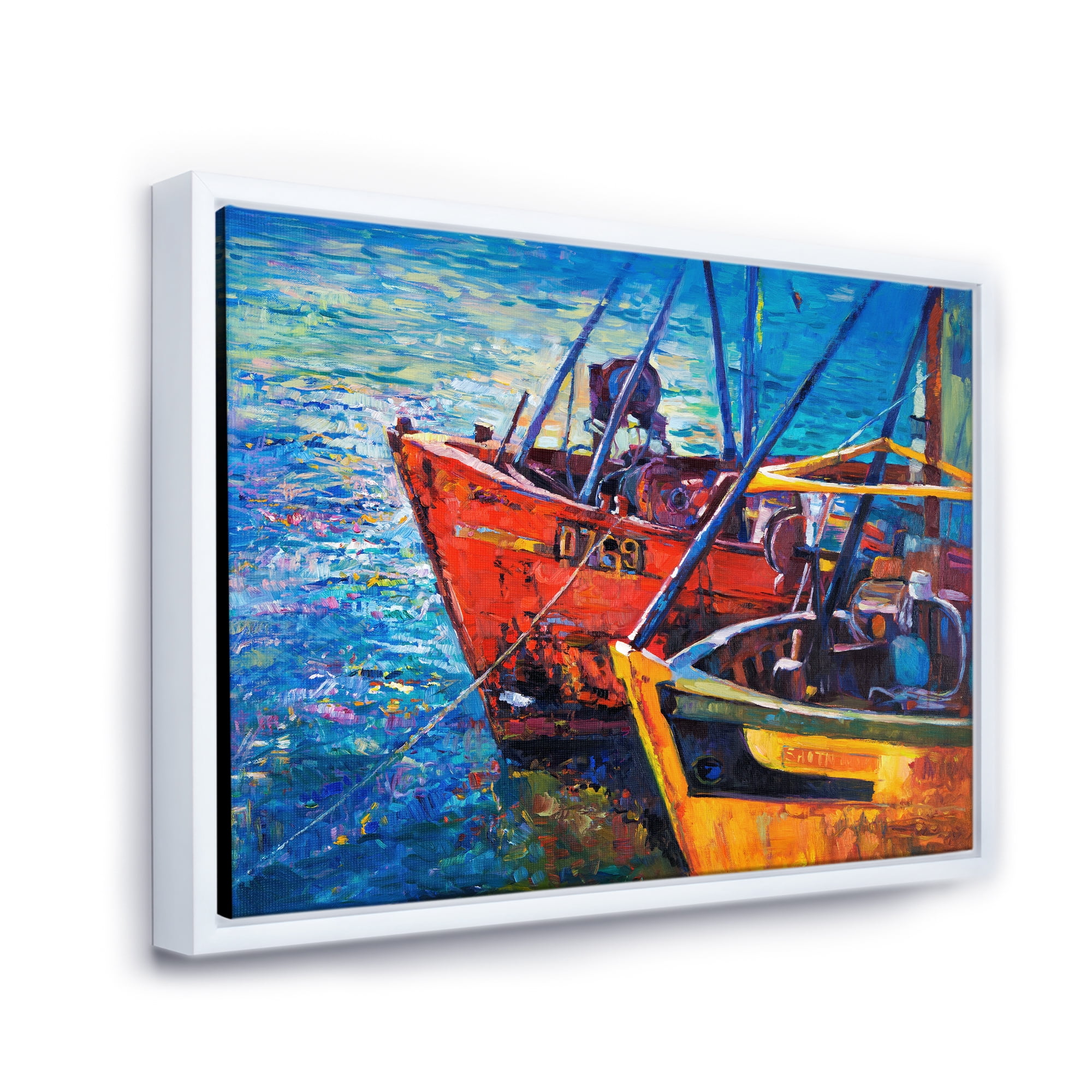 Boats During Warm Sunset Resting On The Water VII 40 in x 30 in Framed Painting Canvas Art Print, by Designart