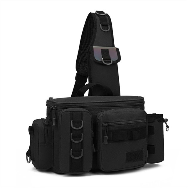 Mochila para Aparejos de Pesca Caja de Señuelos Bolsa de Almacenamiento de Equipo Riñonera Mochila para Pesca con Mosca con Soporte para Caña Bolso Bandolera-A