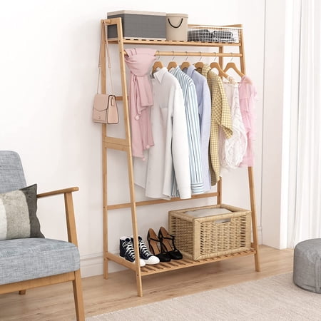 Bamboo Garment Rack with Double Storage ShelvesFreestanding Wooden ...
