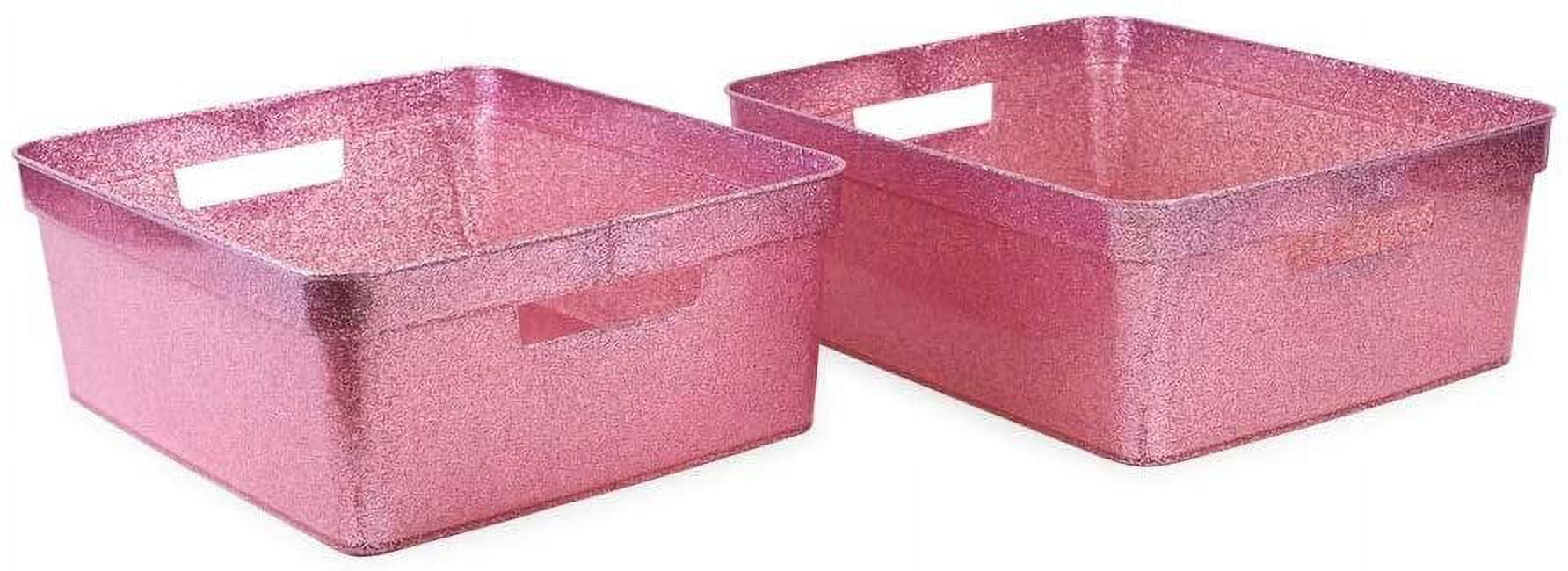 Isaac Jacobs Medium Glitter Storage Bin 14 x 11.5 x 5.5 Set w/Cut-Out Handles, Plastic Organizer, Multi-Functional, Home Storage Solution, Kids Playroom, Bedroom, Closet 2, Pink