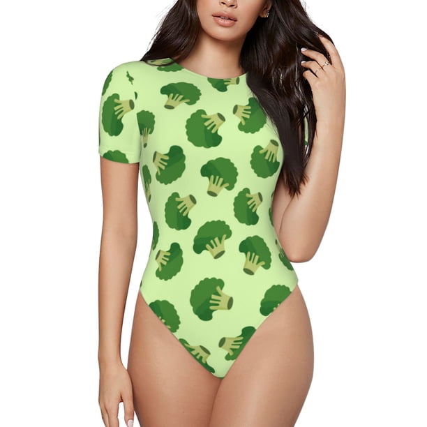 Balery Broccoli Vegetables Body de cuello redondo de manga corta para mujer Tops de manga corta Tops básicos-Medium