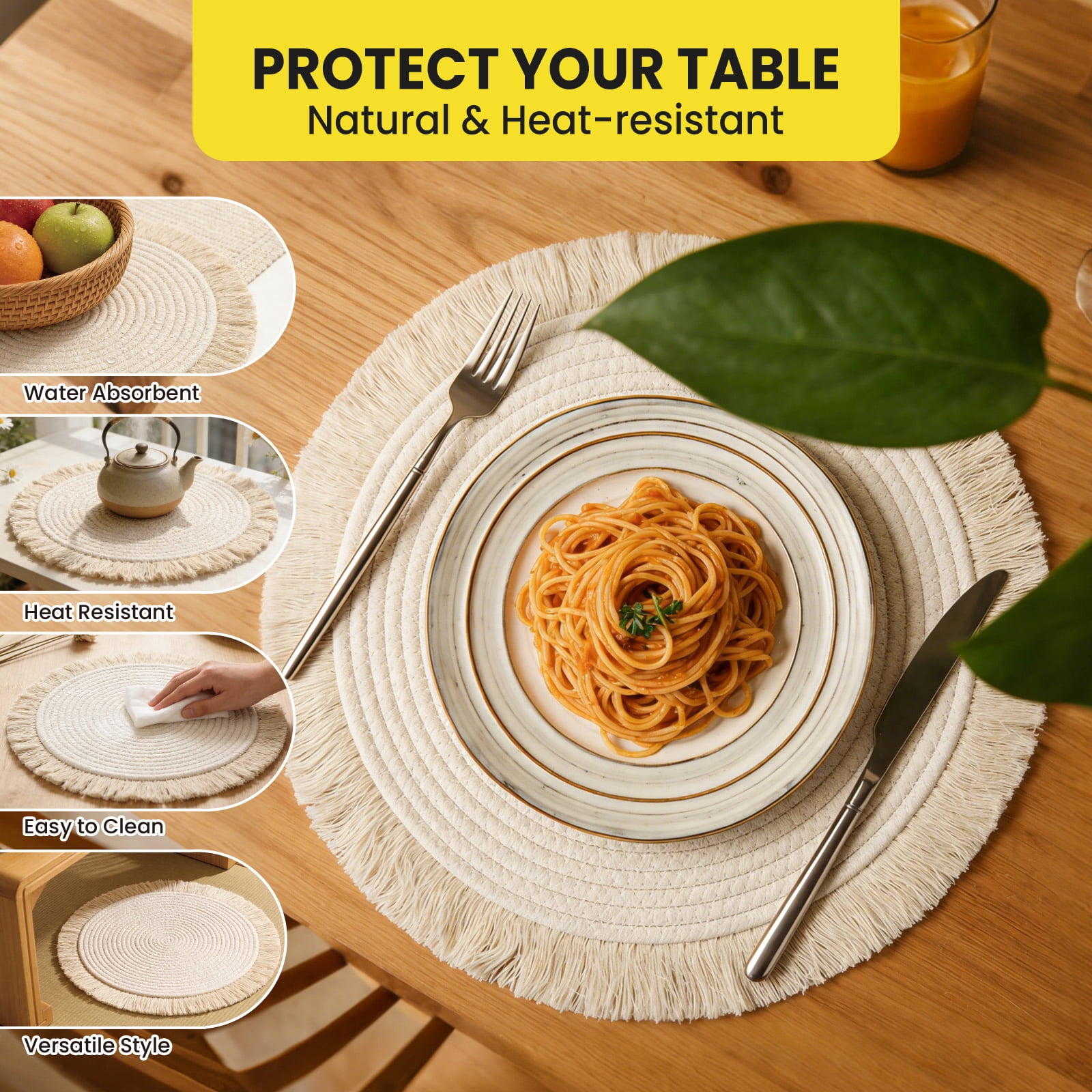 Garvee 8 Pack Boho Round Cotton Placemats with Tassels, 13 Inch Farmhouse Woven Table Mats, Rustic Natural Dining Table Decor for Kitchen, Wedding, Party & Indoor Outdoor Use