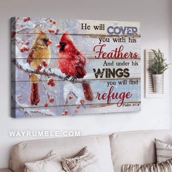 Big cardinal, Cranberry drawing, He will cover you with his feathers - Jesus Landscape poster Prints, Home Decor Wall Art, UNFRAMED-8x12