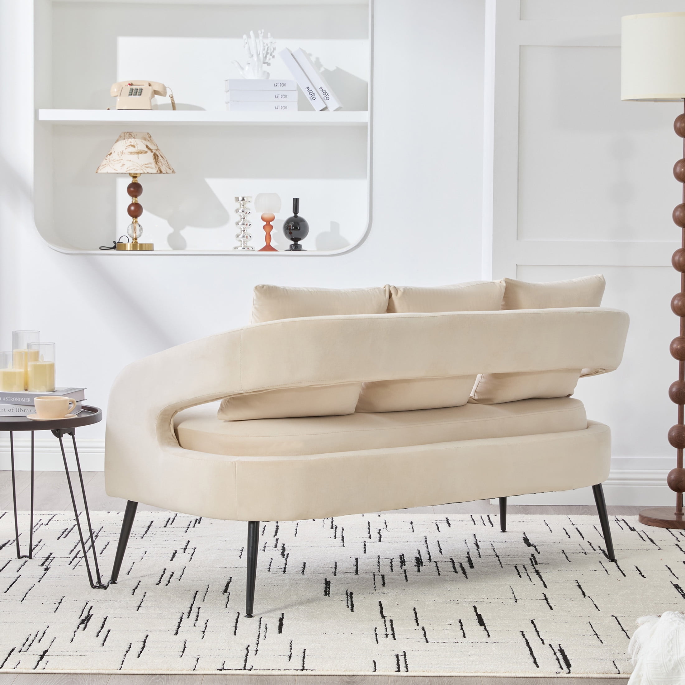 Noble House Norford 53.7" Velvet Open-Back Loveseat Settee, 2-Seater Small Sofa with Pillows and Metal Legs, Beige