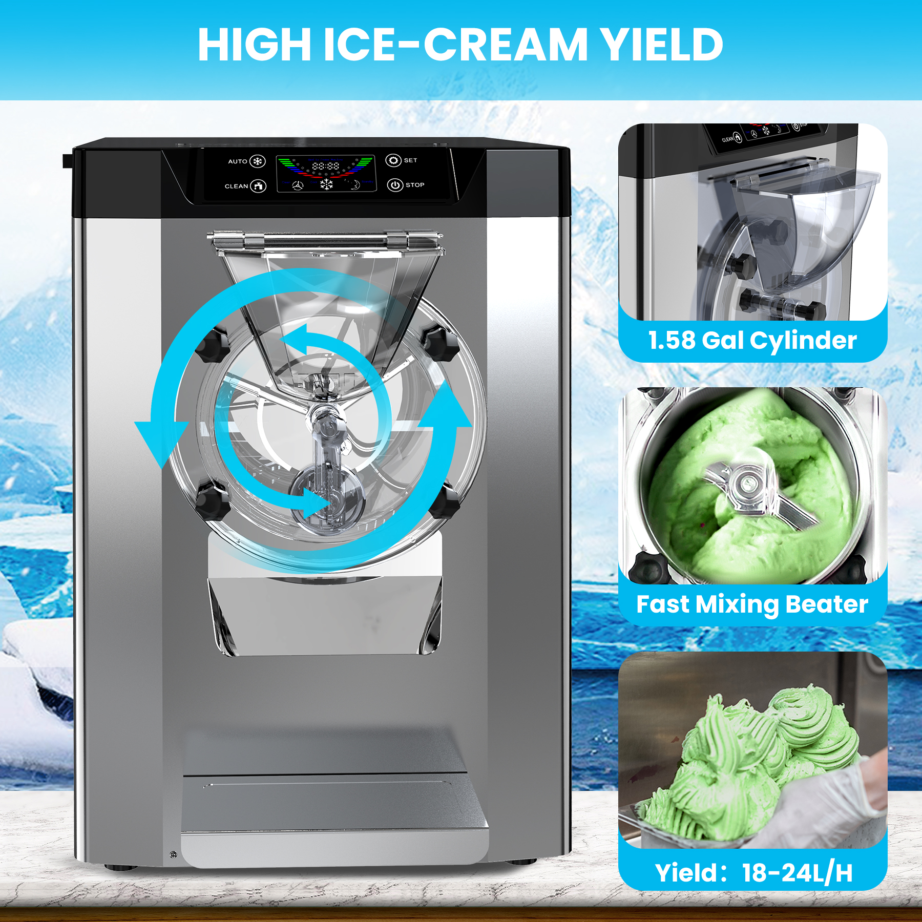 2000W Commercial Ice Cream Machine, 4.8-6.4 gal/H Single Flavor Countertop Hard Serve Ice Cream Maker
