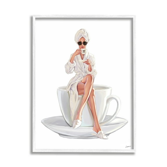 Stupell Industries Chic Woman Robe Coffee Cup Designer Logo Sunglasses Framed Wall Art, 16 x 20, Design by Ziwei Li