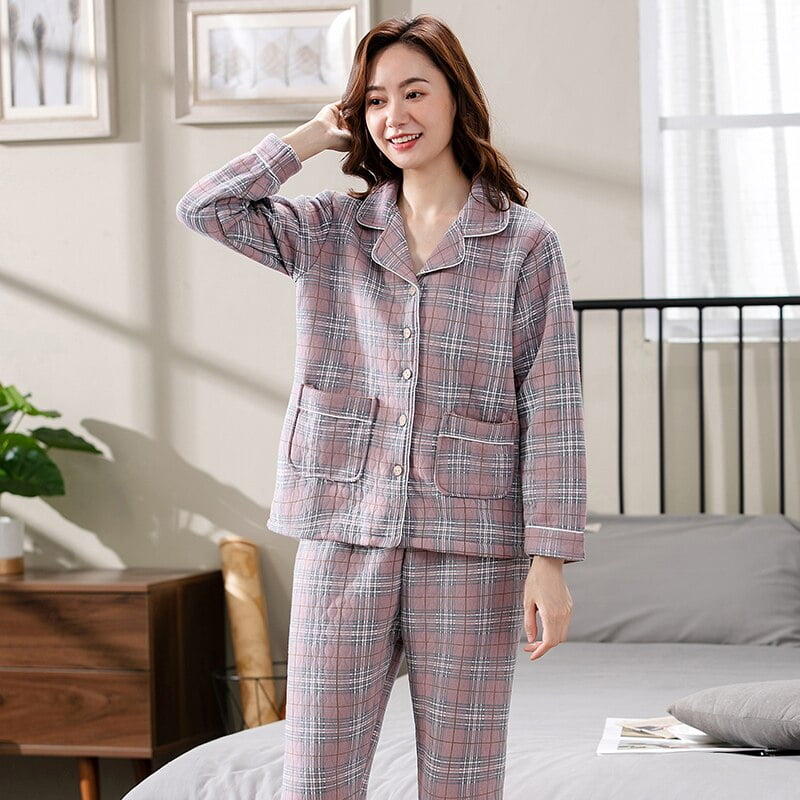 REDHOTYPE Thickened Plaid Pajamas Women S Autumn And Winter Long Sleeved Laminated Cotton Pajamas Home Clothes Warm Plus Size Thin Thickened Suit Walmart