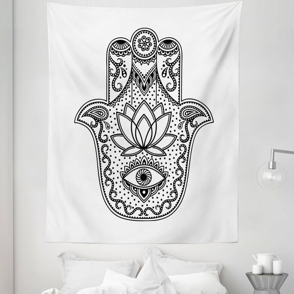 Evil Eye Tapestry, Design Old Symbol with Swirls and Flower Motif Print, Fabric Wall Hanging Decor for Bedroom Living Room Dorm, 5 Sizes, Black and White, by Ambesonne