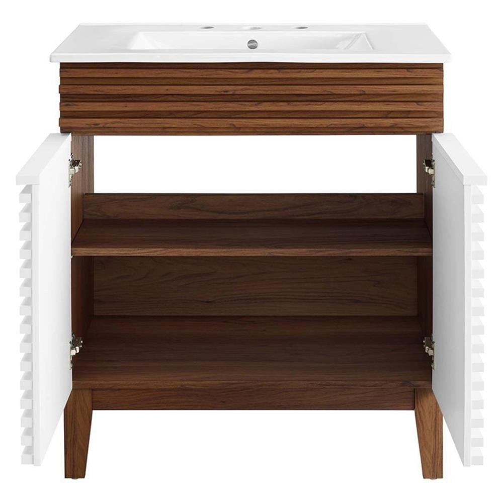 Modway Render 30" Particleboard Bathroom Vanity Cabinet in White/Walnut