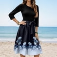 thumbnail image 2 of WTOBBY Women's Elegant Floral Print Waistband Round Neck 3/4 Sleeve Dress, Flowy Casual Sundress with Feminine Silhouette for Outings,Dark Blue 2XL, 2 of 5