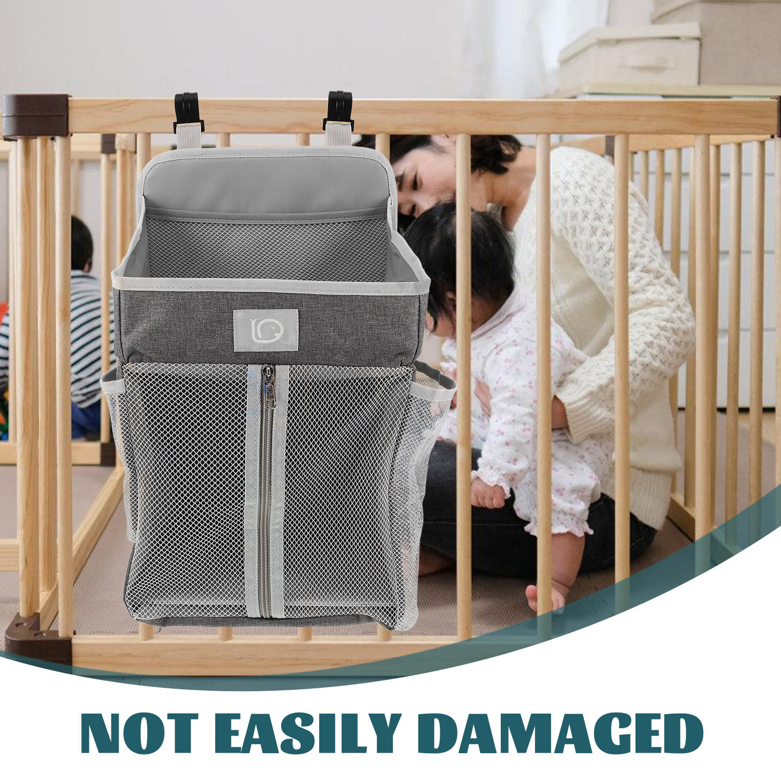 TEHAUX Baby Bedside Storage Bag Dark Grey Polyester Organizer for Nursery and Home, 1 Pack, Multi-Pocket Design