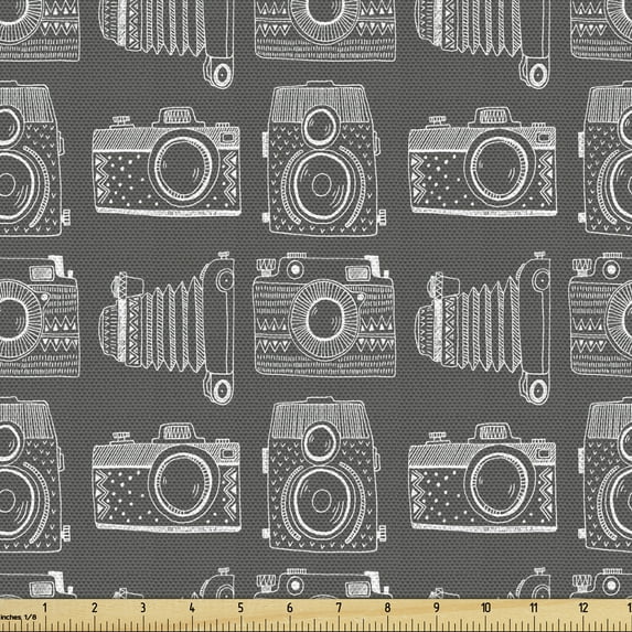 Vintage Upholstery Fabric by the Yard, Pattern of Repetitive Hand Drawn Inspired Sketched Hipster Style Photo Machines, Decorative Fabric for DIY and Home Accents, Grey and White by Ambesonne