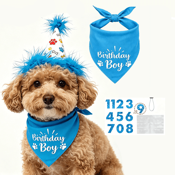 Kicpot Dog Birthday Bandana Scarf and Reusable Hat with 0-8 Figures,Cute Puppy Dog Birthday Outfit Party Supplies Gift for Small Medium Large Dogs Girl