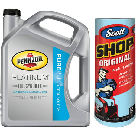 Pennzoil 0W20 Platinum Full Synthetic Motor Oil, 5 Qt with Scott Original Blue Shop Towels, (1 Roll of 55 sheets) Kimberly-Clark