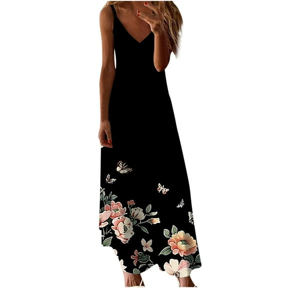 Giftesty Summer Dresses for Women Summer Print Casual Loose Sleevless V-Neck Dress