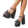 thumbnail image 6 of Platform Chunky Heels for Women Block Heel Sandals Bowknot Fashion Pattern Open Round Toe Ankle Strap Pumps Black Size 5.5, 6 of 9