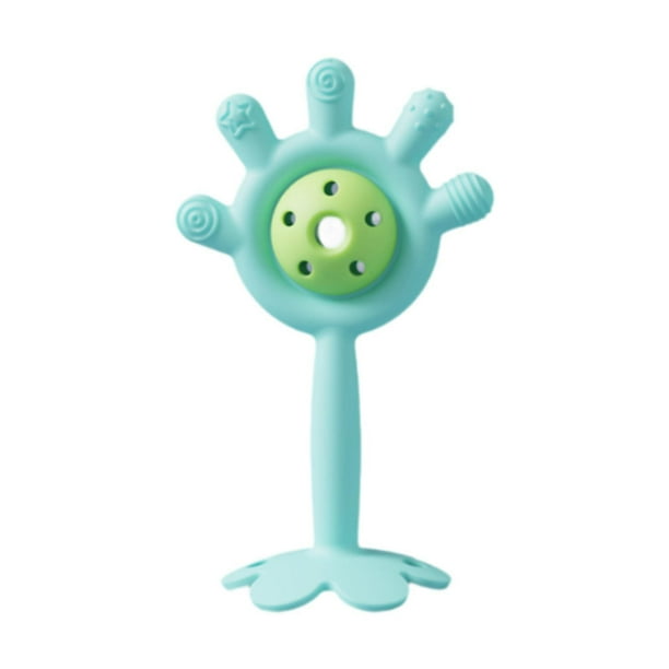 juguete sonajero y mordedor,mordedor de palma para bebé,juguete para masticar para las necesidades,juguete 2 en 1 para la dentición del bebé,exploración sensorial,mordedores de silicona azul