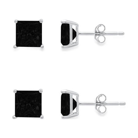 Paris Jewelry 10k White Gold Created Black Sapphire 4Ct Square Cut Pack of Two Stud Earrings Plated