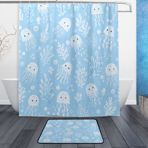 TTYFWHD 60" x 72" Shower Curtain and Bath Mat Set Ocean Cute Jellyfish Pattern Waterproof Bathroom Curtain with 12 Hooks, Bathroom Decor Set