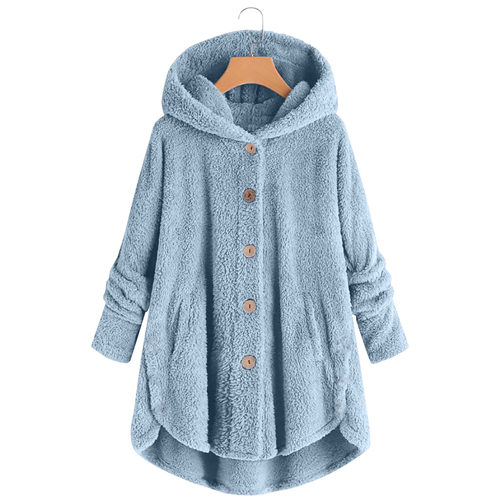 FNFYFH Womens Winter Fleece Coats Fluffy Button Long Sleeve Hoodies Jackets 2025 Warm Teddy Bear Outerwear Plus Size Hooded Coats for Women Blue S-5XL