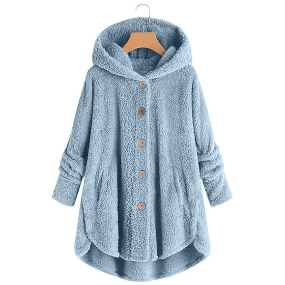 Meichang Sherpa Coats for Women Trendy Cute Fuzzy Fleece Jackets Loose Fit Plus Size Button Down Hoodies Jackets Soft Solid Color Long Sleeve Overcoats High Low Outerwear Coats