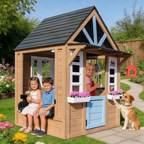 JOYLDIAS Kids Outdoor Wooden Playhouse for Backyard Garden with Play Kitchen, Chalkboard, Windows, Flower Pot, Birdcage, Bench & Pet Door