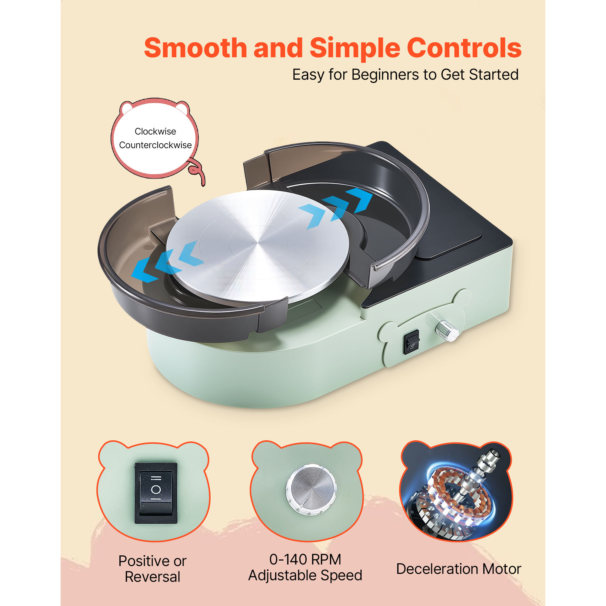 KFFKFF Mini Pottery Wheel with 6-Inch Turntable, Adjustable Speed, Forward and Reverse Rotation, Electric Clay Wheel for Kids and Adults, Includes Clay Shaping Tools, Ideal for Home Projects and Pott