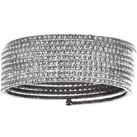 X & O Handset Austrian Crystal White Rhodium-Plated 9-Row Wire Bangle, One Size