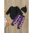 thumbnail image 4 of Bagilaanoe 3Pcs Newborn Baby Girl Halloween Outfits Letter Print Long Sleeve Romper Tops Skull Ghost Pumpkin Pattern Trousers Hat 6M 12M 18M 24M Infant Fall Long Pants Set, 4 of 9