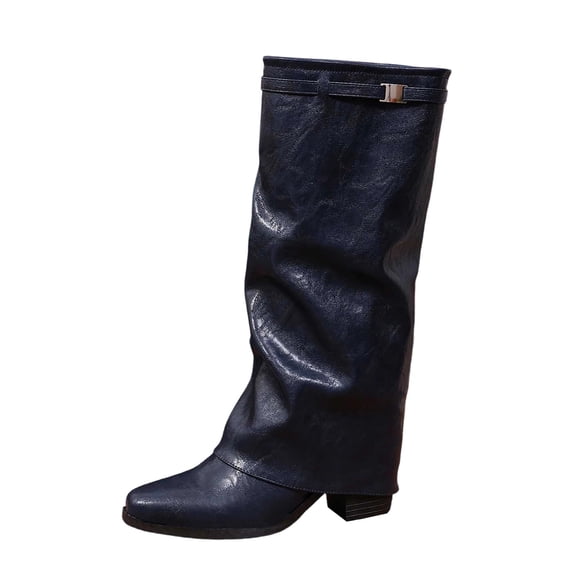 VELXRUN Women's Knee High Boots Casual Comfort Pointed Toe Low-Heeled Fold Over Tall Boots for Daily Wear Navy