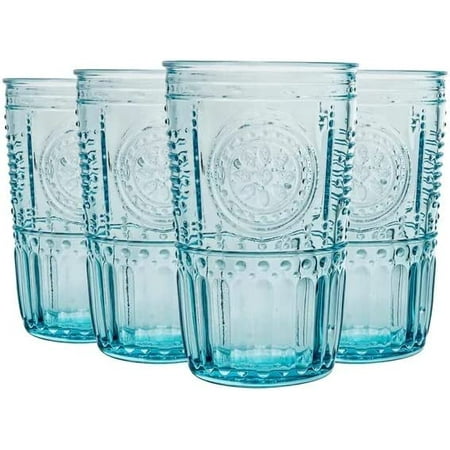 Bormioli Rocco Romantic Candy 16 oz. Cooler Glass for Drinks, Juices, and Cocktails, 4 Count (Pack of 1), Light Blue