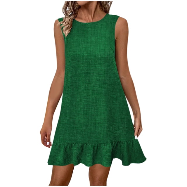 Staron Womens Summer Dress Sleeveless Crew Neck Loose Mini Dress Ruffle Flowy Spring Party Dresses Green XL