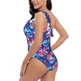 thumbnail image 4 of Uemuo Blue Skull Flower Print Women's One Piece Swimsuit Asymmetrical Neck Bathing Suit One Shoulder Side Cutout Ruffle Swimwear-Large, 4 of 6