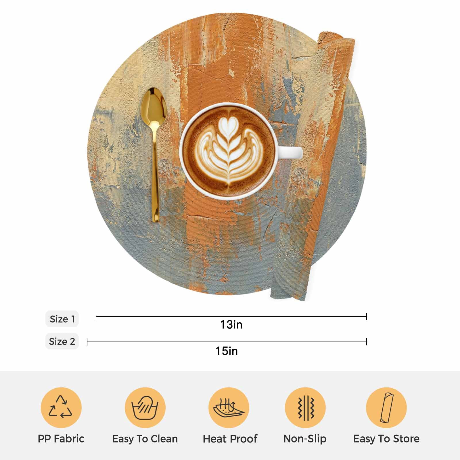 Burnt Orange Cement Gray Round 13 Inch Placemats Set of 2, Modern Abstract Art Orange HeatResistant Non Slip Place Mats for Dining Table, Wipeable Braided Kitchen Table Mats for Housewarming