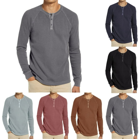 Utoimkio Men's Long Sleeve Shirts Button Down Crewneck Pullover Blouses Basic Designed Loose Undershirt Comfortable Breathable T Shirts for Men