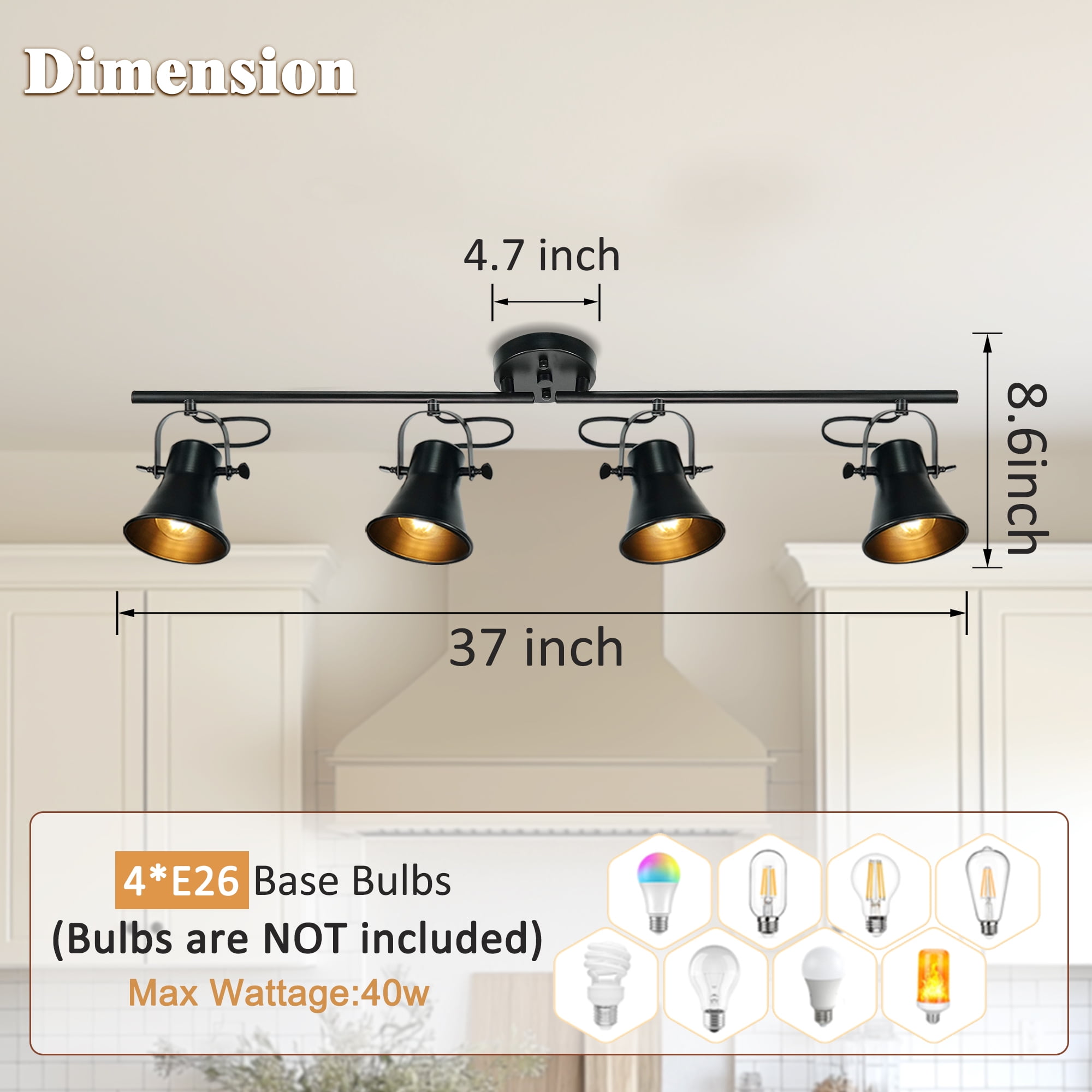 Auffel Track Lighting 4 Light Kitchen Lighting Fixtures Ceiling Black 37 Inch  Ceiling Light Fixture Rustic Track Lighting Fixtures Ceiling for Closet Living Room Bar Office Rotatable Light Head