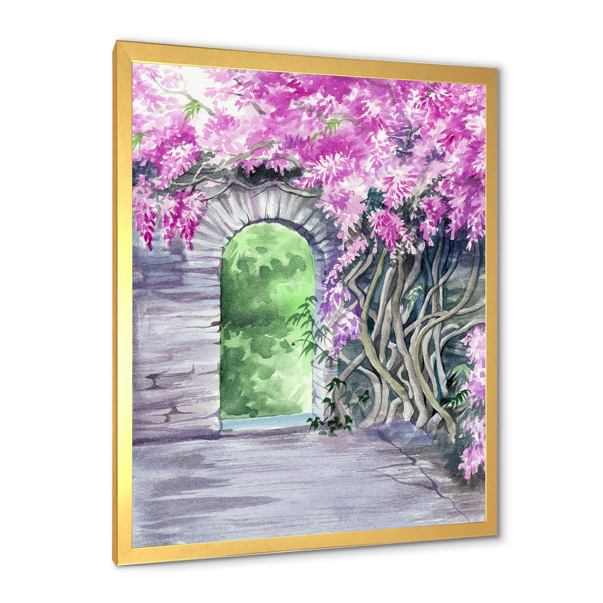 Designart 'Blossoming Purple Wisteria Garden Over The Wall' Traditional Framed Art Print